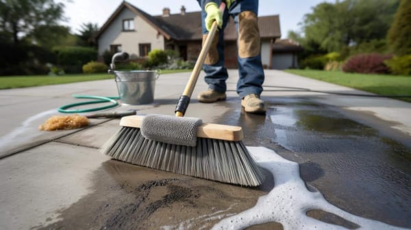 Genialer Trick: Mit Küchenreiniger und Besen die Einfahrt wie neu schrubben